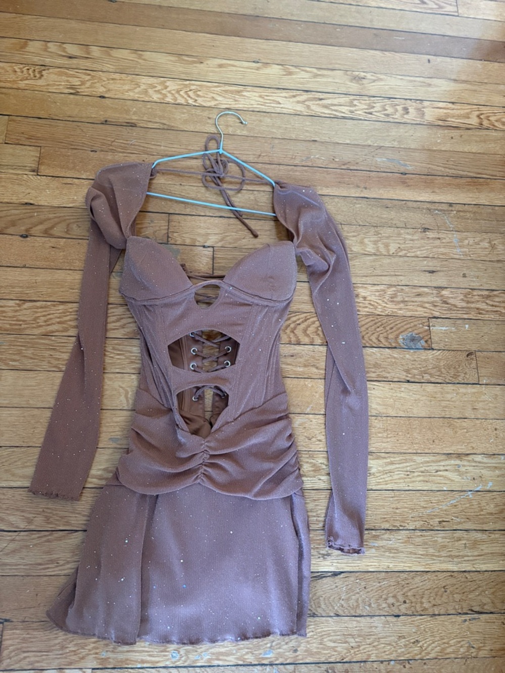 Ruched Cutout Long-Sleeve Mini Dress in Dusty Rose